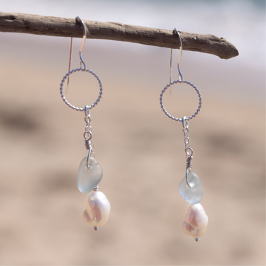 Aqua Blue Sea Glass + Baroque Pearl Circle Dangle Earrings